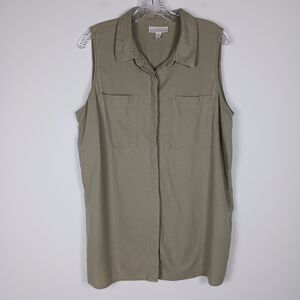 Dana Buchman Women's XXL Linen Blend Sleeveless Blouse Pockets Olive Casual Soft